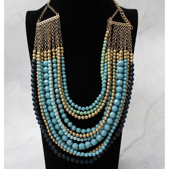 Magnificent 11 Strand Necklace in Shades of Greens, Blues, Gold, Black Beads N73 - Picture 2 of 6